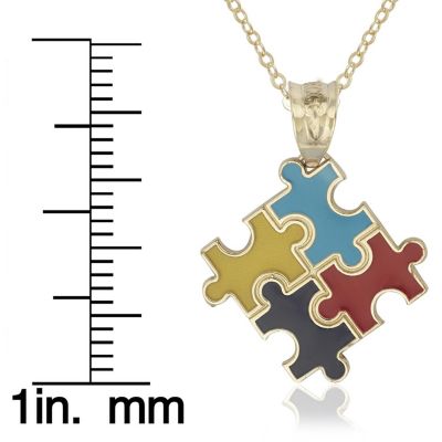 14K Gold 18" Autism Awareness Enamel Puzzle Pendant Necklace