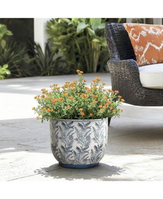 Blue Botanical Floral Ceramic Planter, 15.5" Round Garden Pot for Indoor & Outdoor Plants