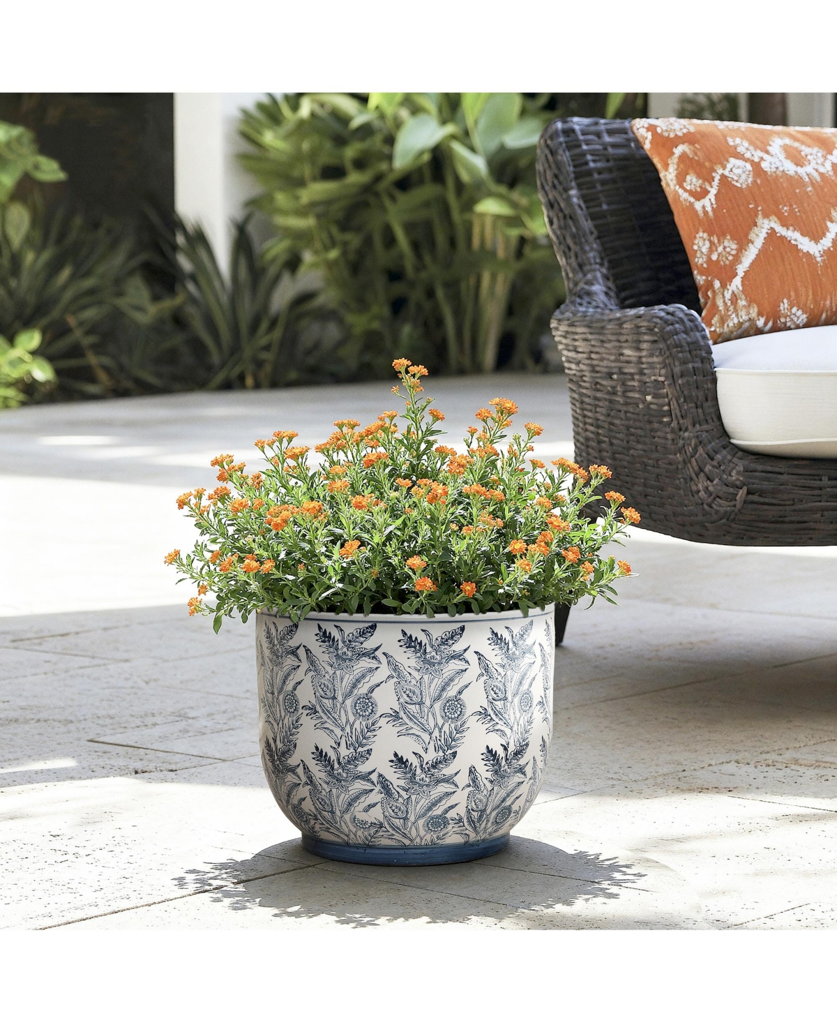 LuxenHome Blue Botanical Floral Ceramic Planter, 15.5" Round Garden Pot for Indoor & Outdoor Plants