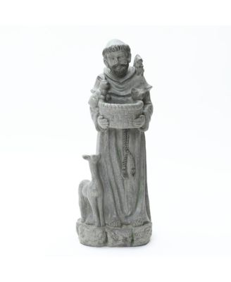 Saint Francis Garden Statue with Birdfeeder Bowl, Outdoor Sculpture with Animal Companions