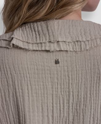 Women's V-Neck Short Puff Sleeve Tie-Front Shirt