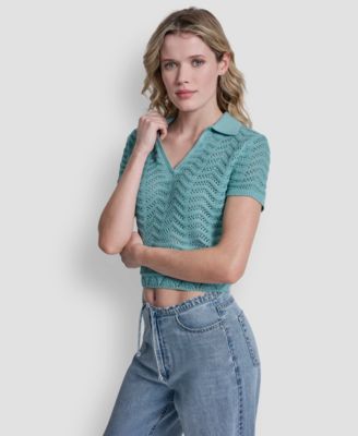 Women's Short-Sleeve V-Neck Polo Cropped Sweater