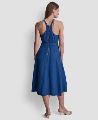 Women's Sleeveless Crew Neck Belted Midi Dress