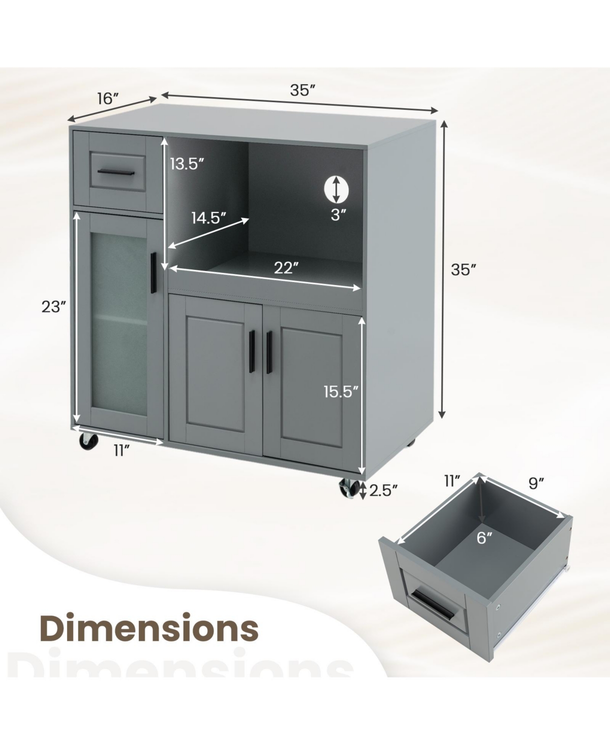 Volenca Rolling Kitchen Island Cart with Drawer, Glass Door Cabinet, Storage Shelves