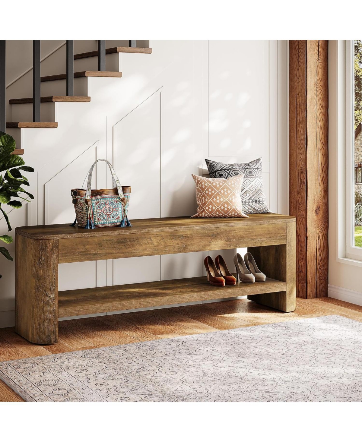 Tribesigns Farmhouse Entryway Bench, 53.5" Wood End of Bed Bench with Shoe Storage, 2-Tier Narrow Indoor Bench