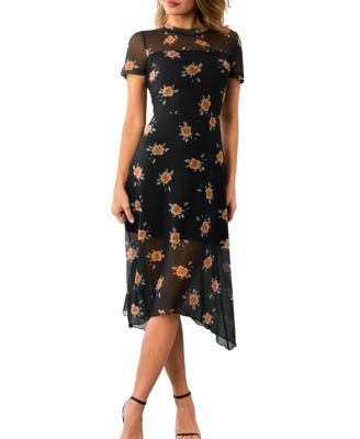 Women's Crewneck Short Sleeve Mesh Asymmetrical Midi Dress