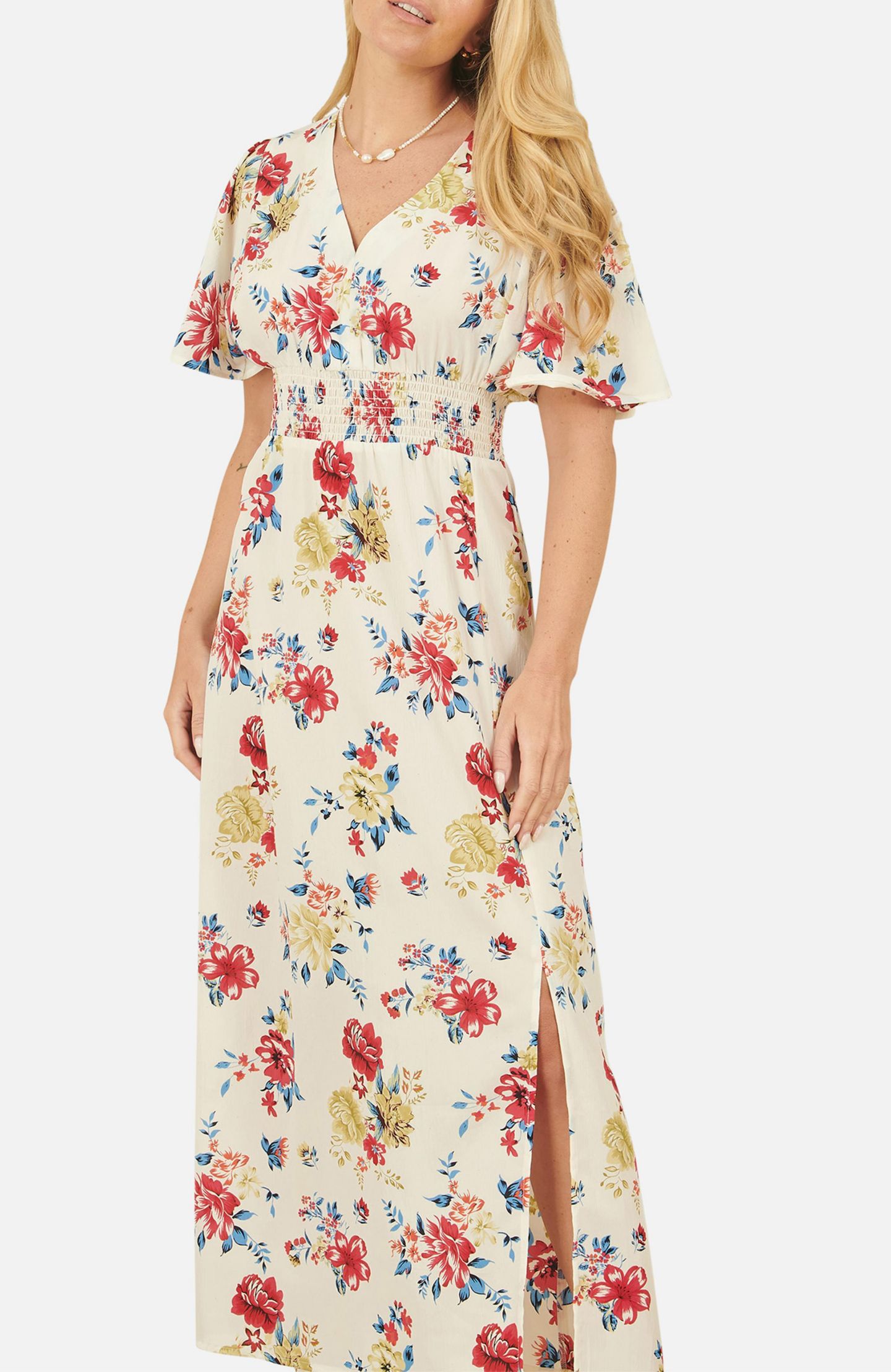 Женское платье Yumi Ruched Waist V-Neck Midi, цвет: Слоновая кость — фото 7