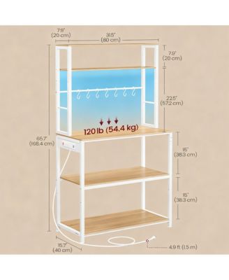 Coffee Bar with LED Lights, Power Strip, Adjustable Shelves, 8 Hooks
