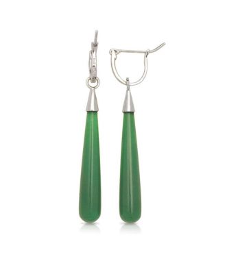 925 Sterling Rhodium Plated Long Tear-drop Green Dyed Jade Dangle Earrings 7mm x 52mm Dangle Earring