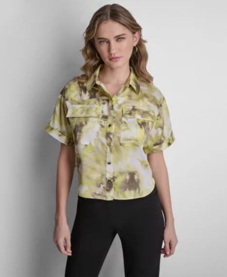 Petite Printed Button-Front Camp Shirt - Sage/Lime Multi