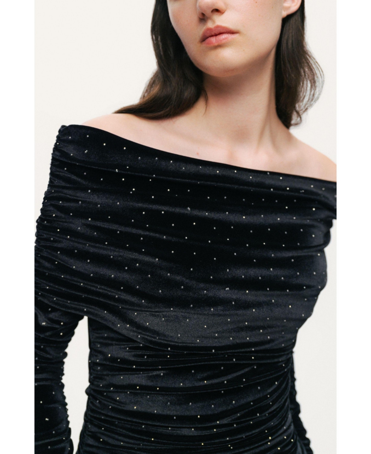 Nocturne Women's Off-Shoulder Velvet Maxi Dress with Rhinestone Detail
