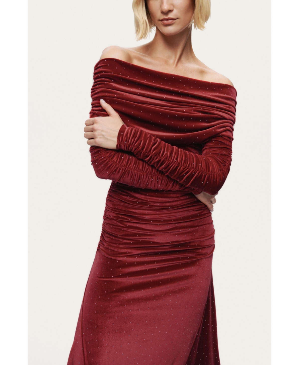 Nocturne Women's Off-Shoulder Velvet Maxi Dress with Rhinestone Detail