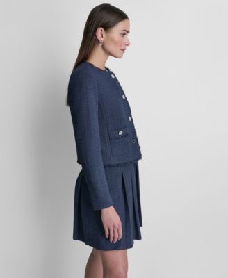 Women's Waffle Boucle Button-Front Cropped Jacket