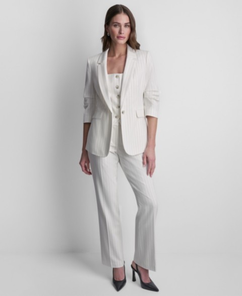 Женские DKNY Women's Pinstripe One-Button Notch Collar Jacket, Sleeveless Pinstripe Button-Front Vest, and Pinstripe Flared Fit Pants