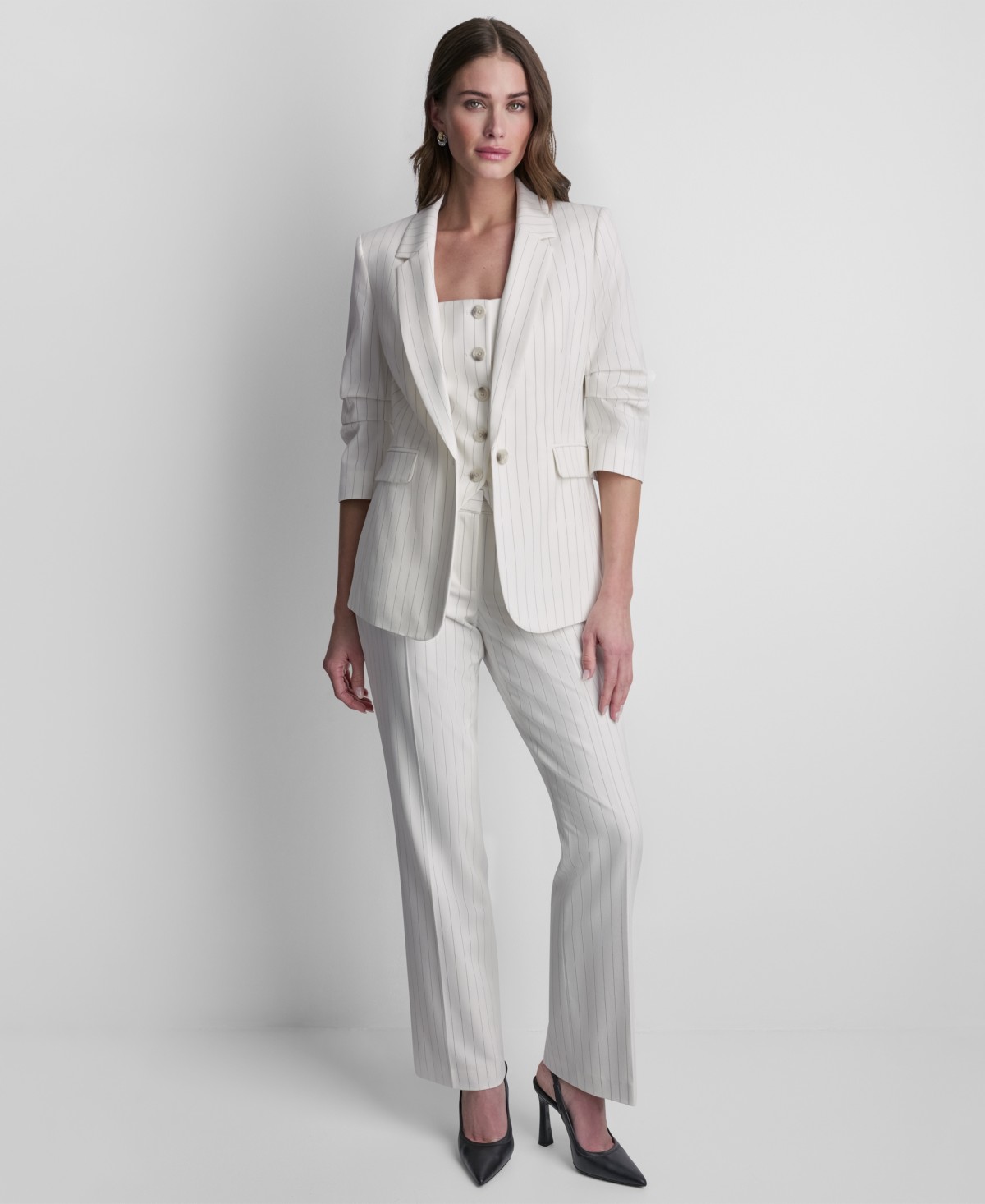 Женские DKNY Women's Pinstripe One-Button Notch Collar Jacket, Sleeveless Pinstripe Button-Front Vest, and Pinstripe Flared Fit Pants — фото 1