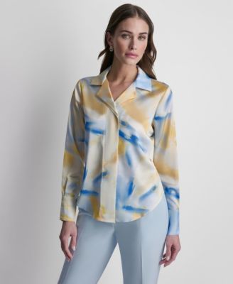 DKNY - Women's Printed Long-Sleeve Covered Placket Blouse Top