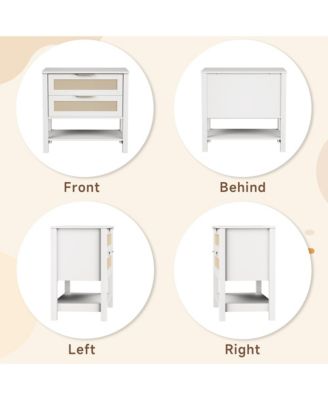 Rattan Nightstand - Bedside Table with 2 Drawers, Open Storage Shelf and Gold Drawer Handles for Bedroom, Living Room, Hallway.