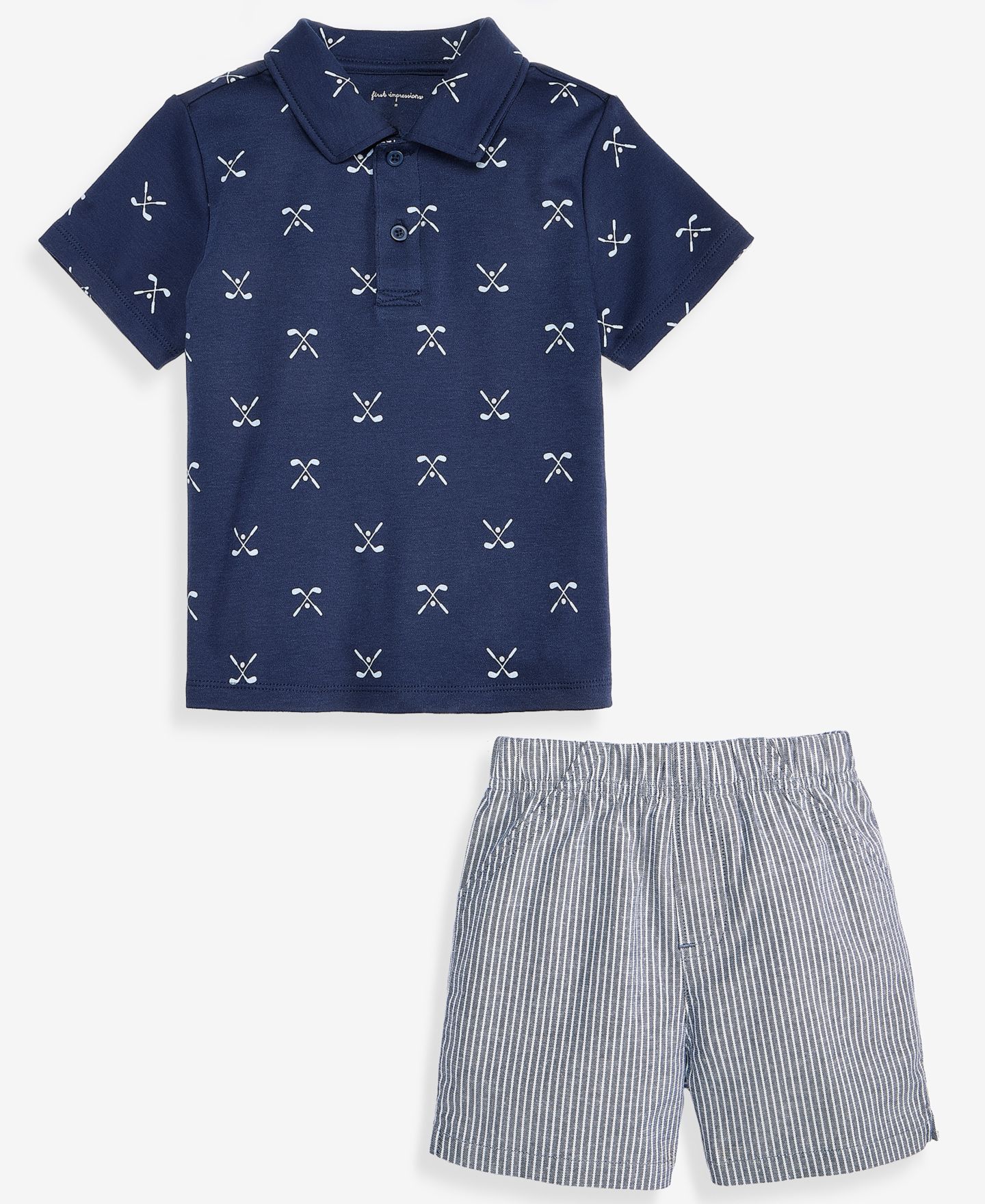 Комплекты First Impressions Mix & Match Golf-Print Polo Shirt & Cool Stripe Shorts для мальчиков-малышей, цвет: Тёмно-синий — фото 1