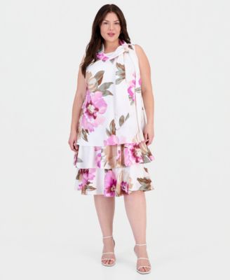 Plus Size Printed Bow-Neck Chiffon Trapeze Dress