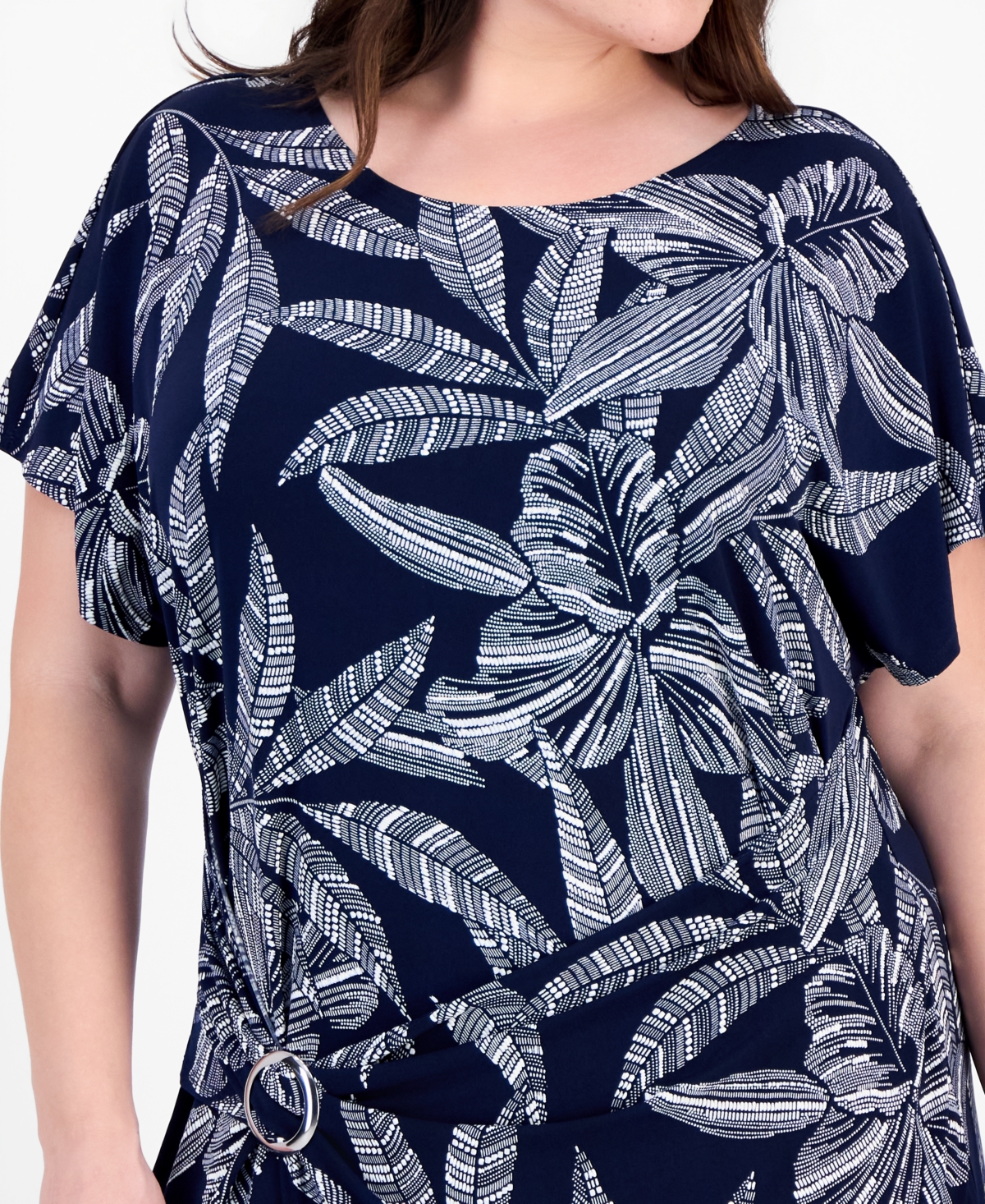 Robbie Bee Plus Printed Faux-Wrap O-Ring Dress