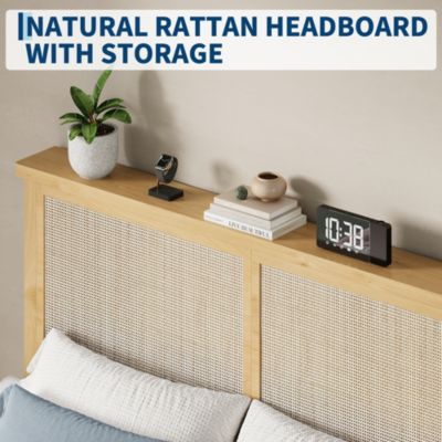 Boho Bed Frame, Rattan Headboard Bed Frame With Led Lights, Noise-Free Platform Light Wood Bed Frame