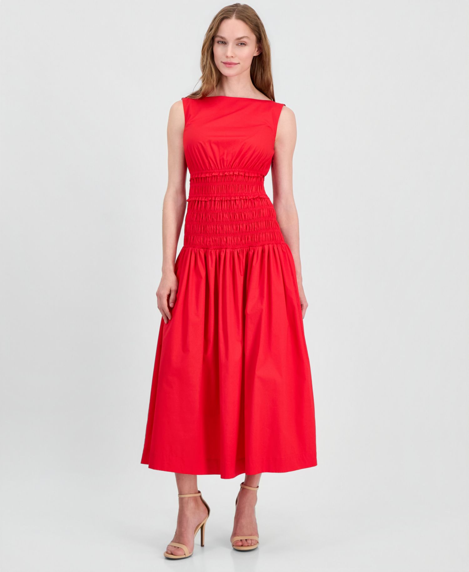Petite Jewel-Neck Smocked Midi Dress