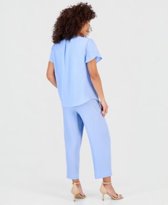 Petite Textured Tulip-Sleeve Top & Textured High Rise Pull-On Pants