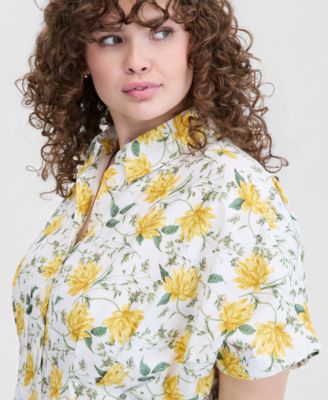 Trendy Plus Size Lotus Sprigs Cutwork Mini Shirtdress