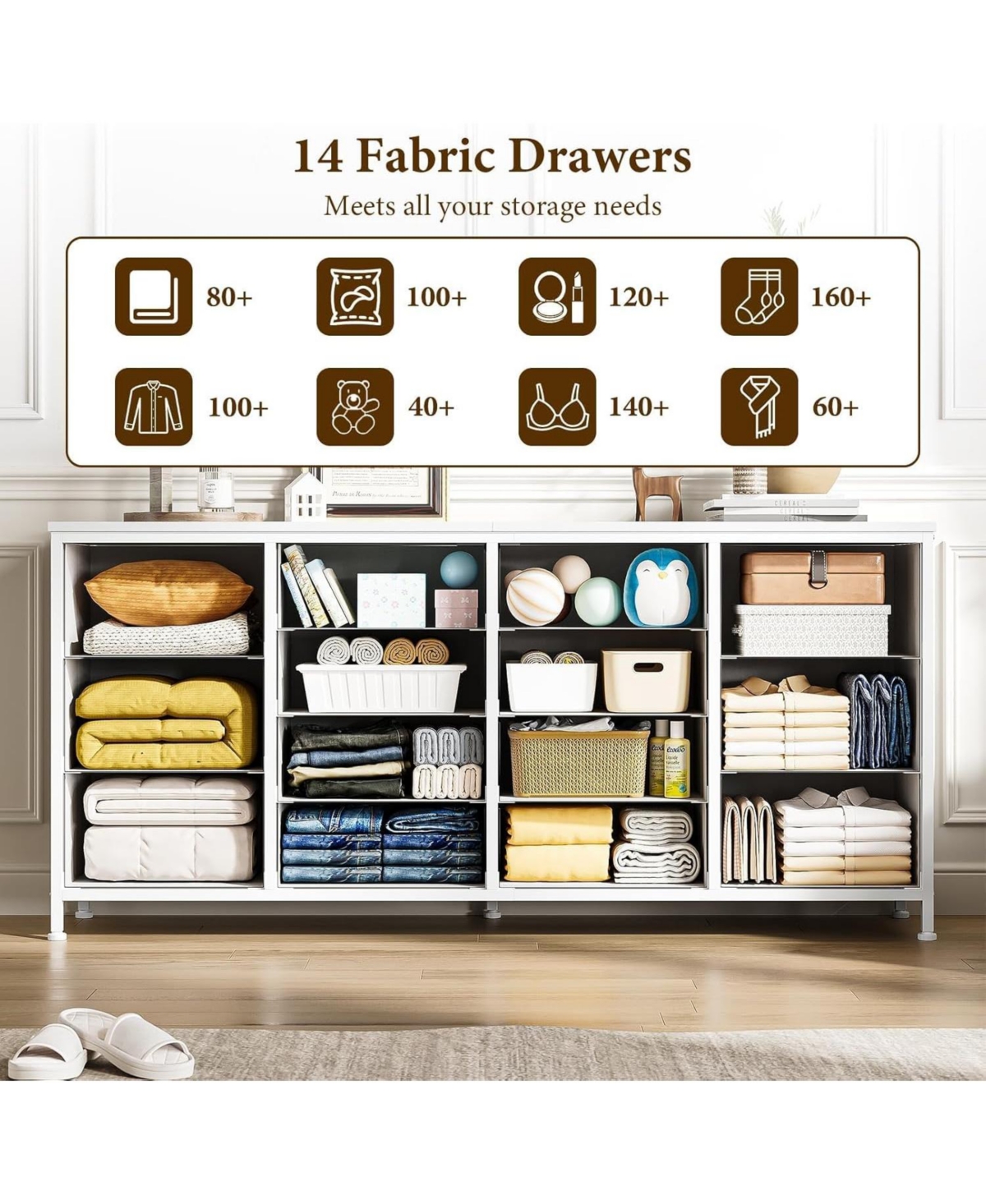 gaomon 63" W Long Fabric Dresser Tv Stand with 14 Drawers and Power Outlets, for 65–75 Inch TVs