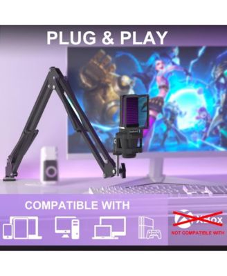 Plug&Play Gaming USB Microphone with Type-C Adapter for PC, RGB Condenser Computer Mic with Tripod Stand & Boom Arm, Quick Mute