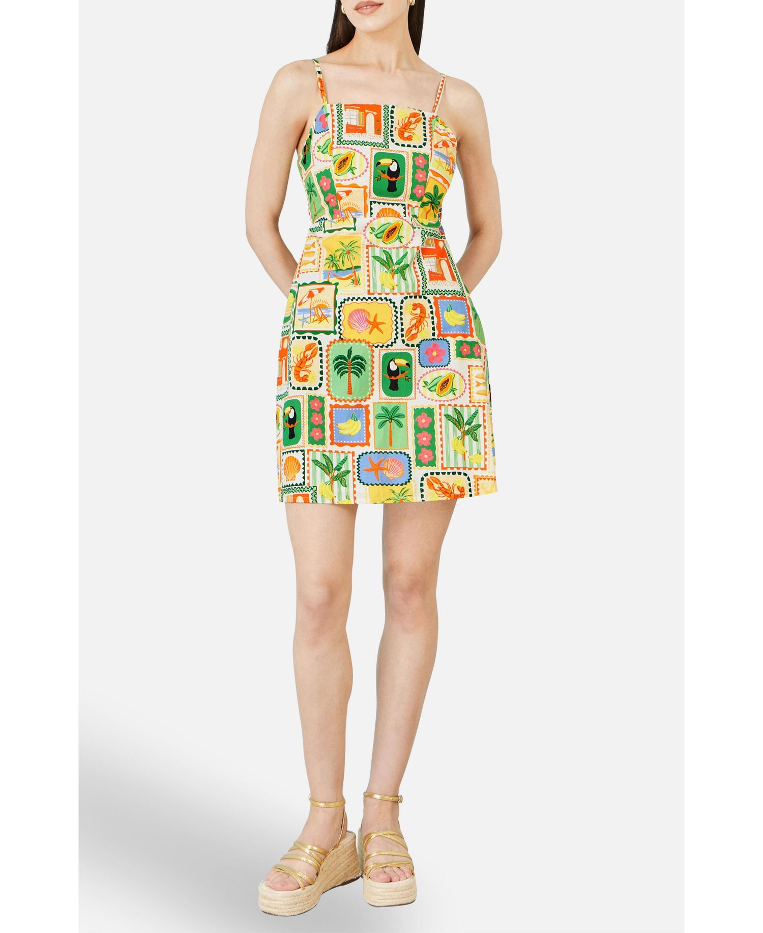 Women's Postcard Print Mini Sun Dress