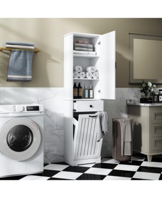 Tall Bathroom Storage Cabinet, Tilt Out Laundry Hamper Cabinet with Adjustable Three-Layer Shelves, 1 Drawer, 1 Tilt Out Baskets for Bathroom