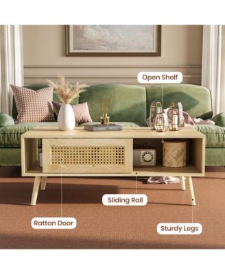 Coffee Table with Storage, Accent Center Table with Sliding PE Rattan Woven Door Panel and Wood Legs