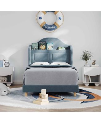 Upholstered Velvet Cute Platform Bed with Wingback,Storage Bookcase Headboard & LED Lights