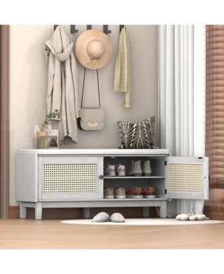 Rattan Shoe Storage Bench, Wooden Shoe Organizer with Cushion, 2 Doors, 2-Tier Shoe Rack and Adjustable Shelves for Entryway, Hallway