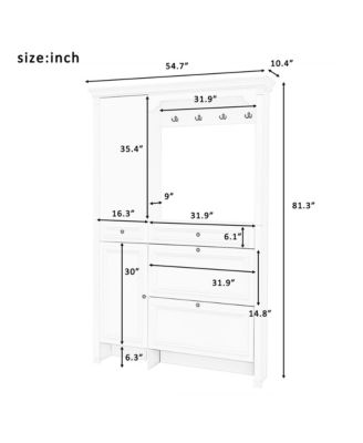 54.7'' Hall Tree, 4-in-1 MDF Entryway Coat Rack with 4 Hooks, Shoe Cabinet and Mirrored Cabinet for Entrance, Living Room