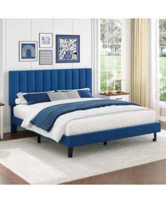 Velvet Upholstered Adjustable Vertical Tufted Headboard & Bed Frame