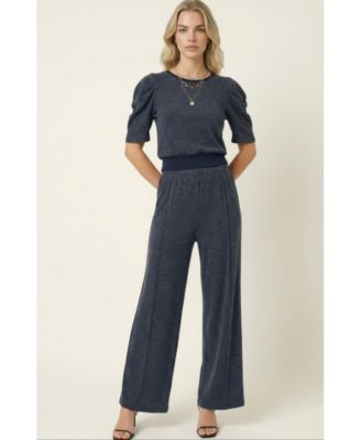 Women's Puff Sleeve Knit Top and Wide Leg Pants Set