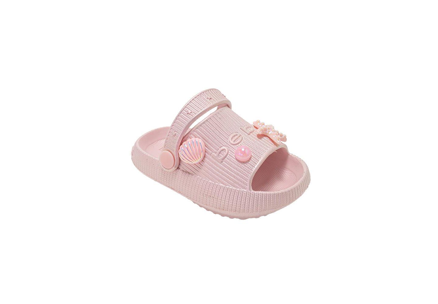 Детские шлёпанцы Bebe из EVA на платформе с радужным покрытием и морскими подвесками, цвет: Светлый розовый — фото 1