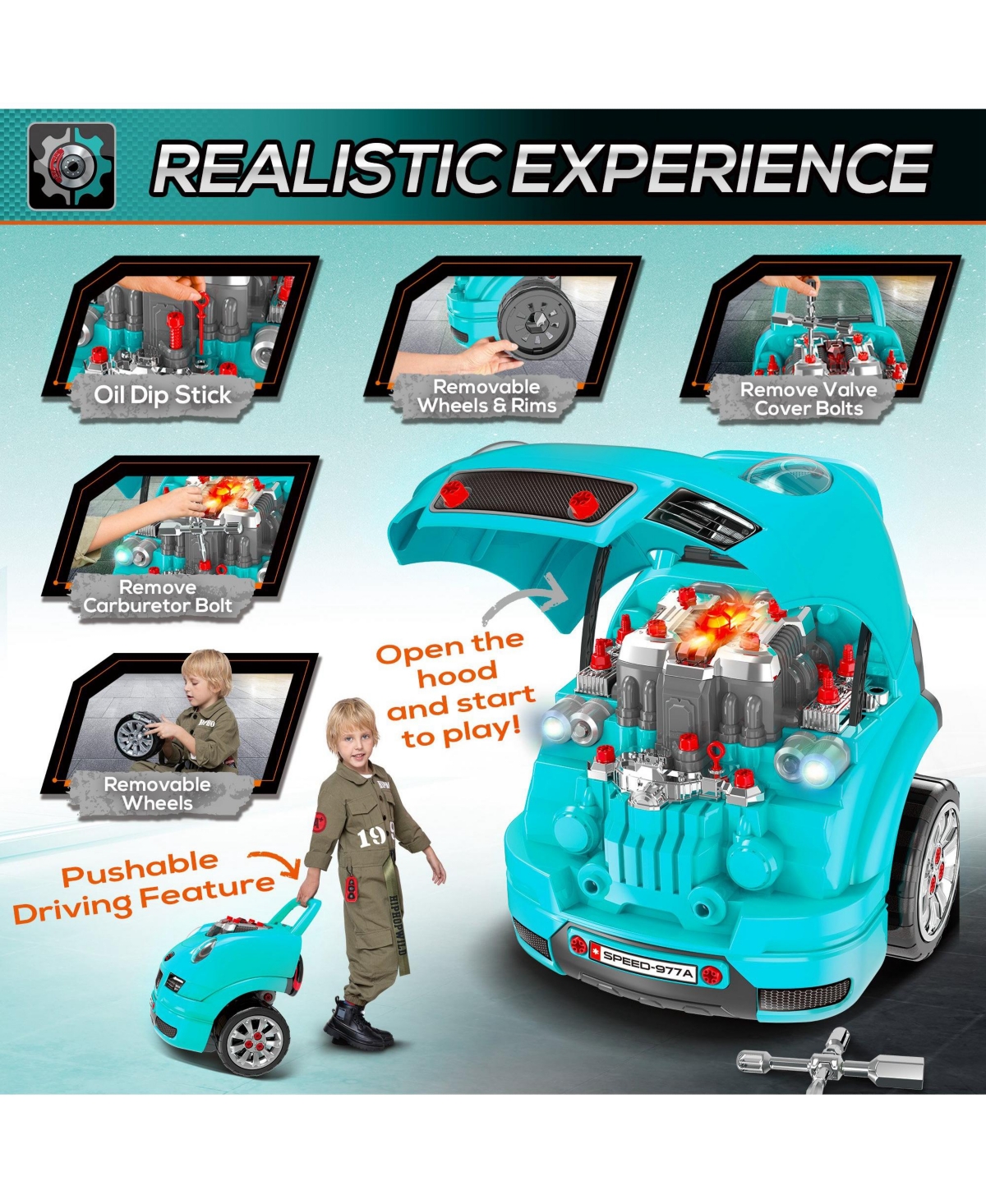 Qaba Mechanic Kids Truck Engine Toy Set, Car Service Play Set