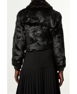 Women's Faux Fur Pu Panel Belted Cropped Jacket