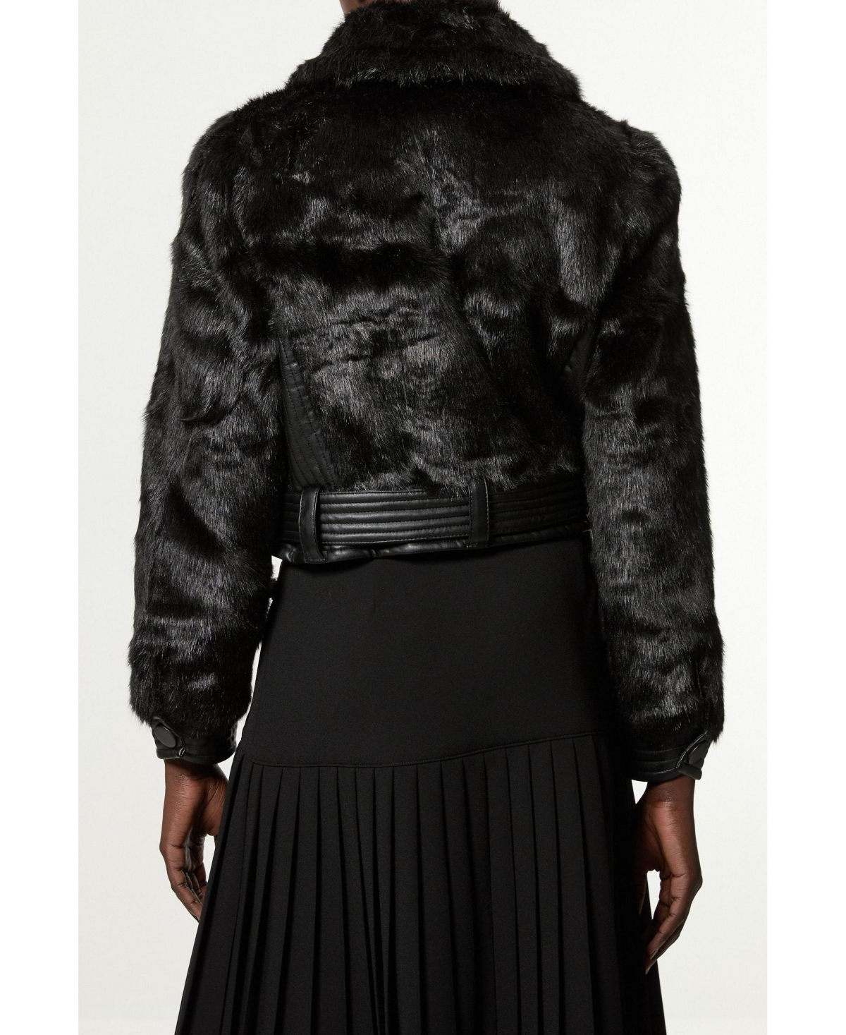 Karen Millen Women's Faux Fur Pu Panel Belted Cropped Jacket