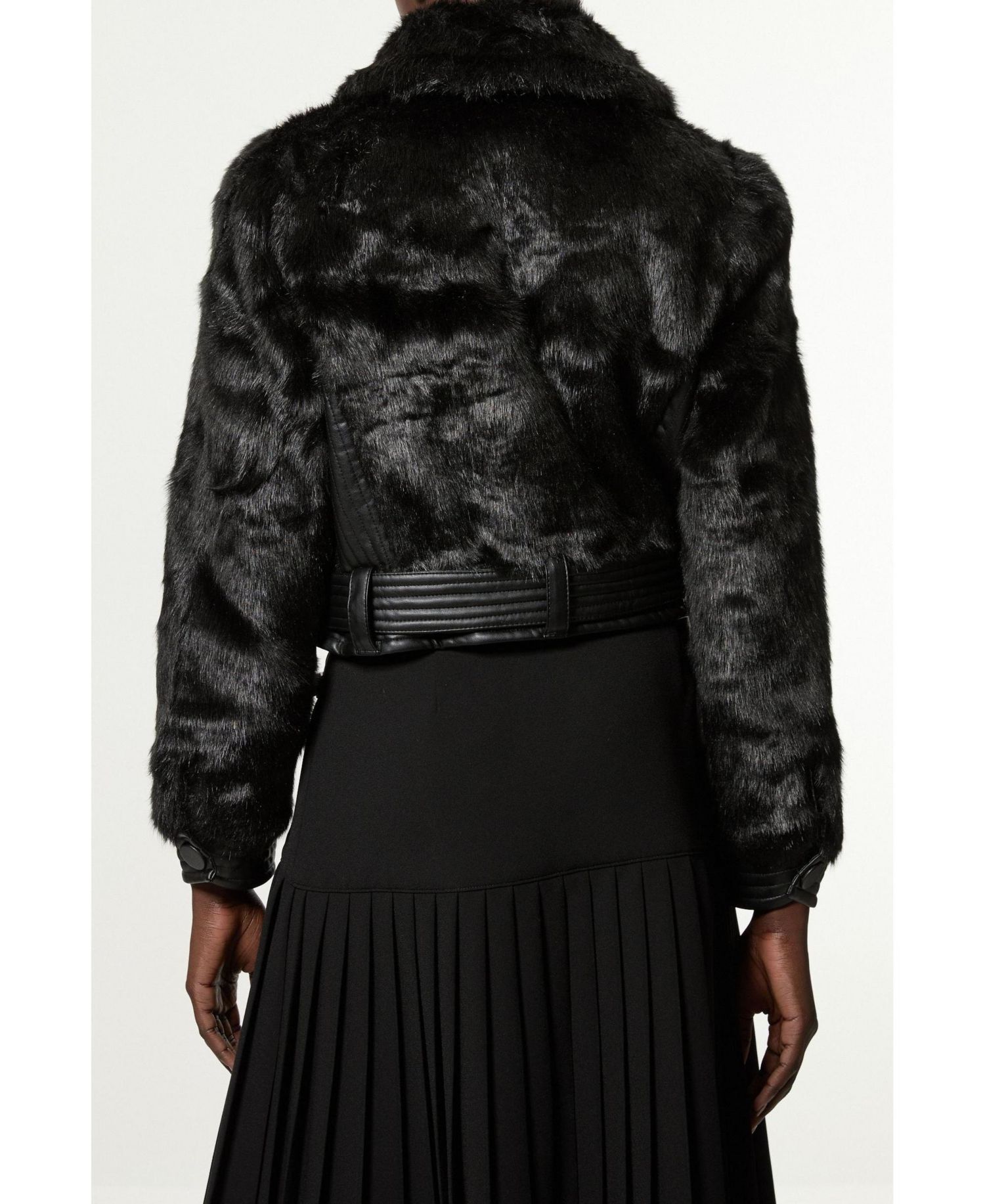 Women's Faux Fur Pu Panel Belted Cropped Jacket