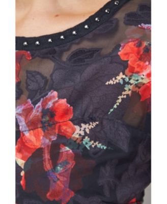 Women's Floral Stud Trim Puff Sleeve Midi Dress