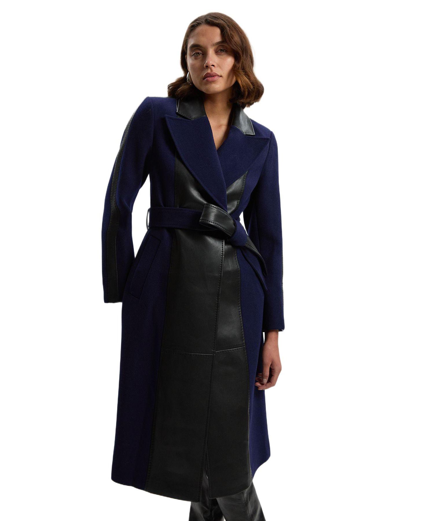 Women's Wool Pu Mix Belted Midi Coat