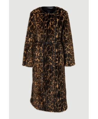 Women's Faux Fur Collarless Tie Belted Midi Coat