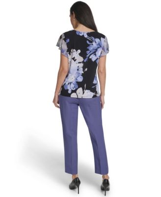 Women's Mixed Media Cap-Sleeve Top