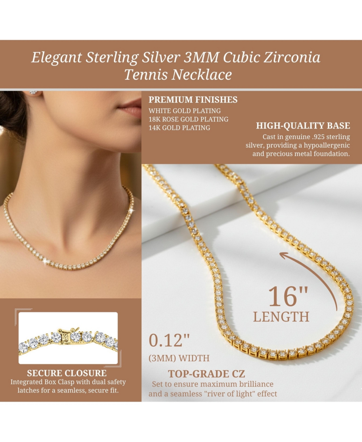 Sterling Silver Cubic Zirconia 3MM Tennis Necklace