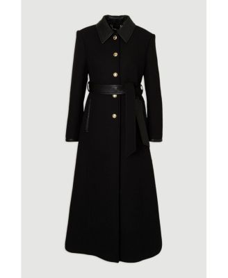 Women's Wool Pu Mix Belted Tailored Maxi Coat