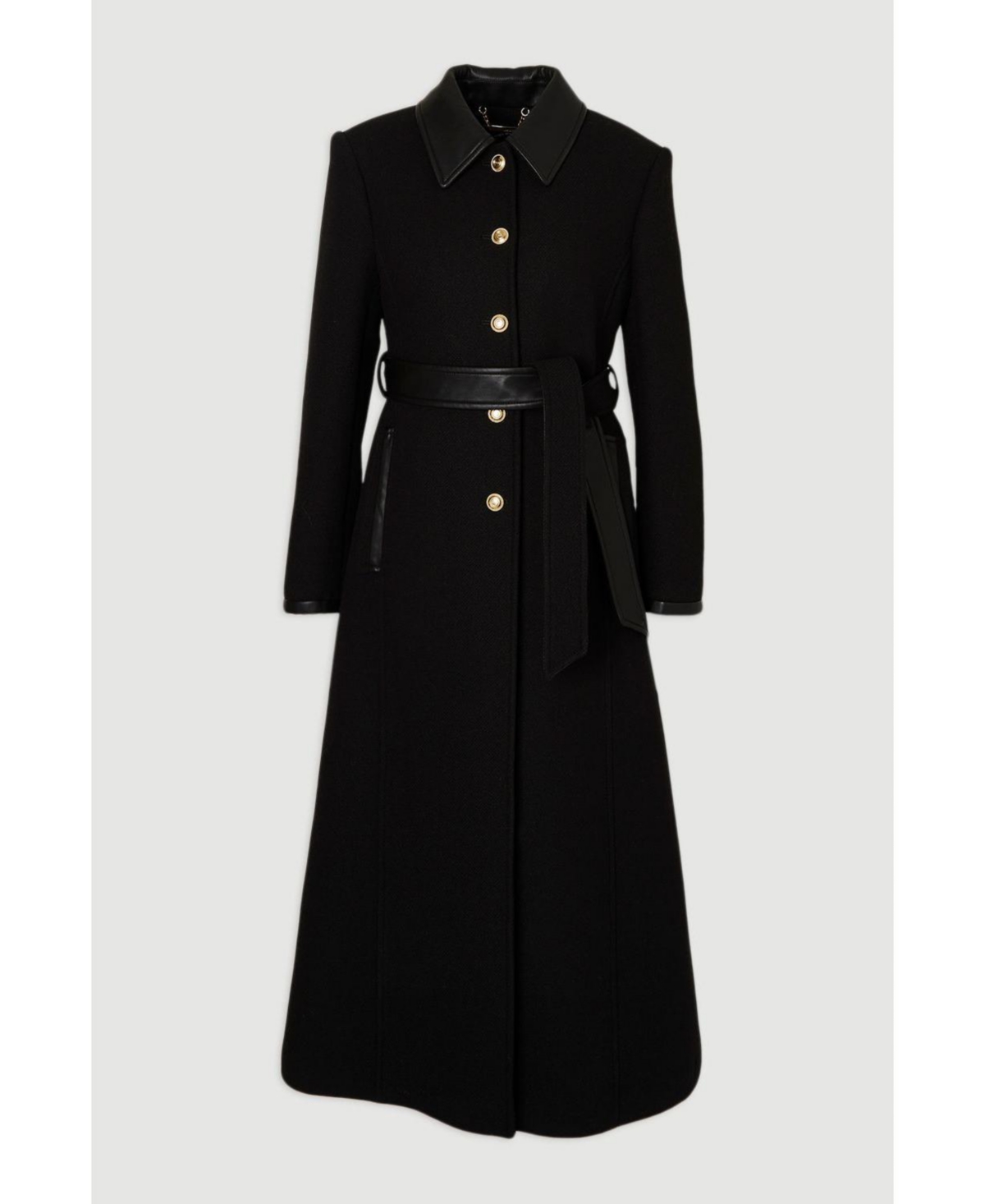 Karen Millen Women's Wool Pu Mix Belted Tailored Maxi Coat